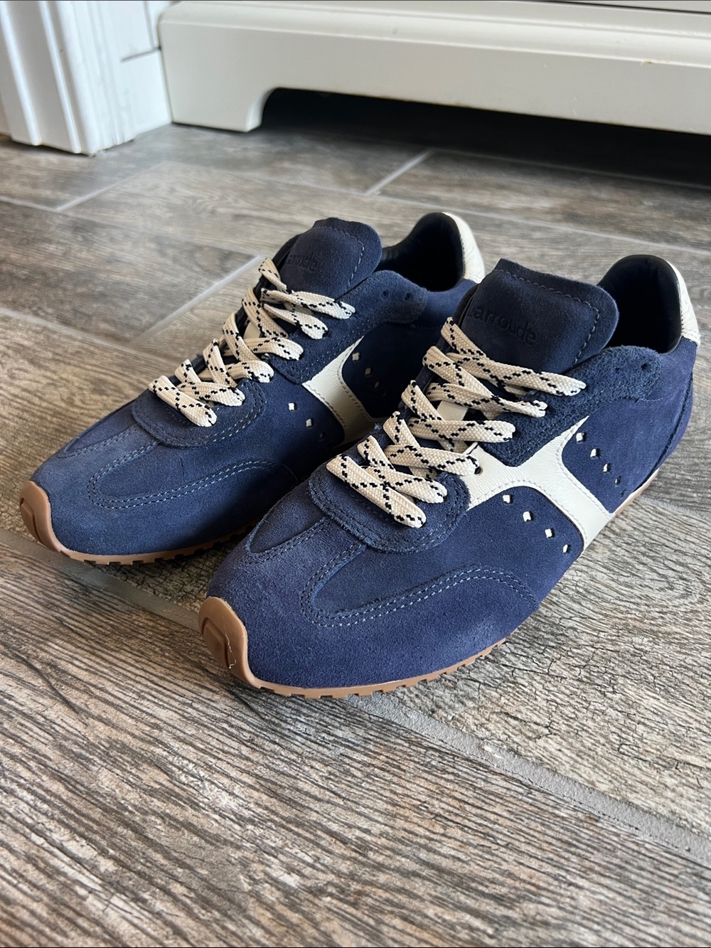 Larroude Stella sneakers navy suede ivory leather women’s 7.5